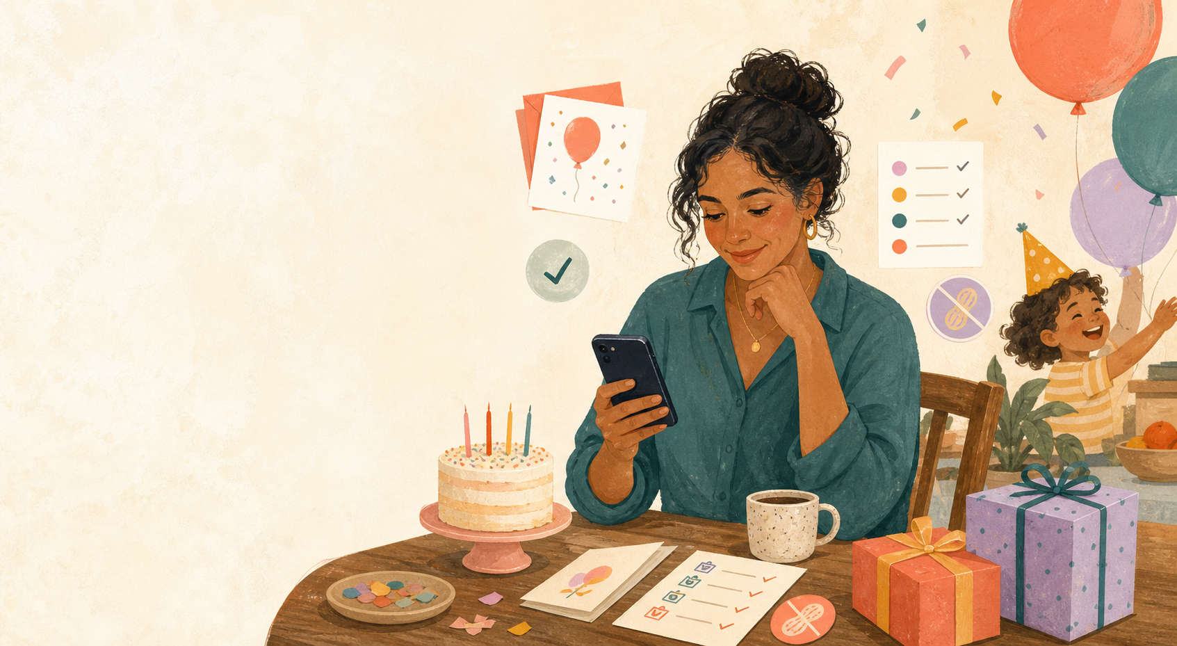 A parent calmly organising a child's birthday party on their phone